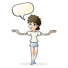 cartoon woman shrugging shoulders with speech bubble