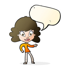 cartoon woman pointing with speech bubble