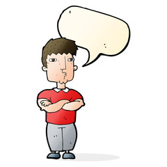 cartoon man with crossed arms with speech bubble