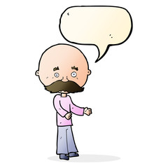 cartoon man with mustache with speech bubble