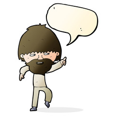cartoon bearded man pointing and laughing with speech bubble