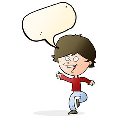 cartoon happy waving boy with speech bubble