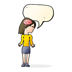 cartoon clever woman shrugging shoulders with speech bubble