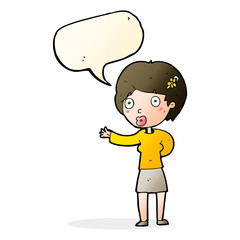 cartoon waving woman with speech bubble