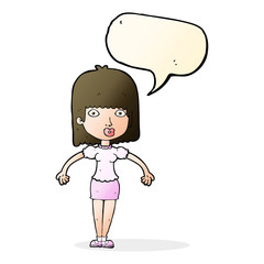 cartoon woman shrugging shoulders with speech bubble