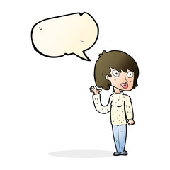 cartoon waving woman with speech bubble