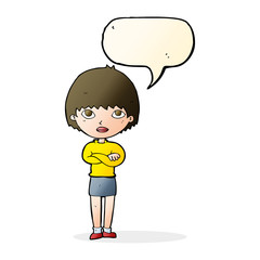 cartoon woman with crossed arms with speech bubble