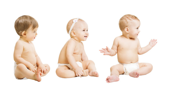 Babies in Diapers Sit over White, Kids Toddlers, Sitting Girls