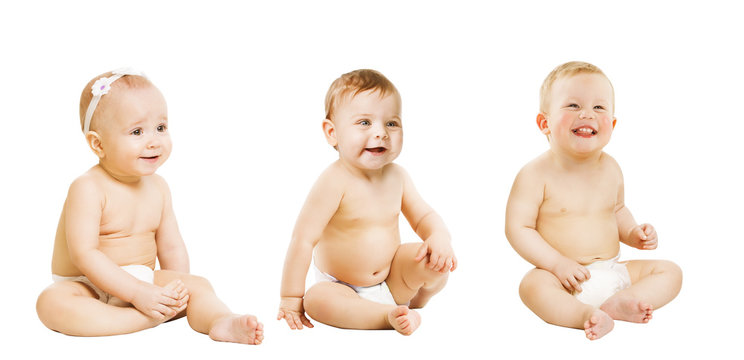 Babies Sitting over White, Toddlers Kids Sit in Diaper, Boys and Girls