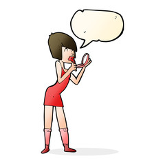 cartoon woman applying lipstick with speech bubble