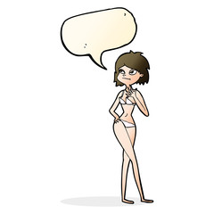 cartoon woman in bikini with speech bubble