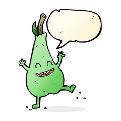 cartoon happy dancing pear with speech bubble