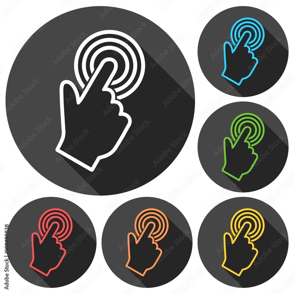 Poster computer hand cursor icons set with long shadow