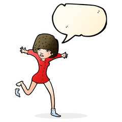 cartoon woman kicking off sock with speech bubble