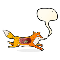 cartoon fox with mouse in belly with speech bubble