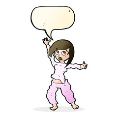 cartoon frightened woman with speech bubble