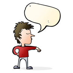 cartoon man making camp gesture with speech bubble