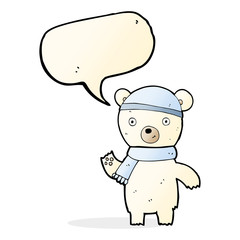 cartoon waving polar bear with speech bubble