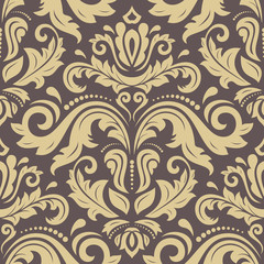Damask seamless ornament. Traditional pattern. Classic oriental brown and golden background
