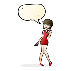 cartoon woman in cocktail dress with speech bubble