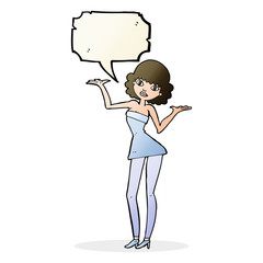 cartoon woman in cocktail dress with speech bubble