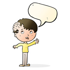 cartoon boy with growth on head with speech bubble