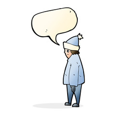 cartoon person in winter clothes with speech bubble