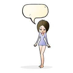 cartoon woman in short dress with speech bubble