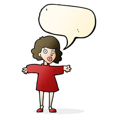 cartoon nervous woman with speech bubble