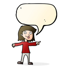 cartoon happy woman pointing with speech bubble