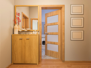 3D visualization of interior design entrance hall in a studio ap