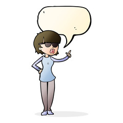 cartoon woman wearing spectacles with speech bubble