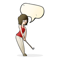 cartoon woman playing golf with speech bubble