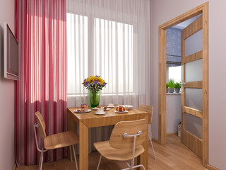 3D visualization of interior design kitchen in a studio apartmen