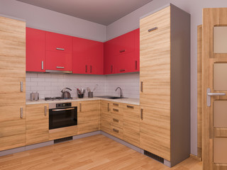 3D visualization of interior design kitchen in a studio apartmen