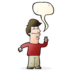 cartoon man giving peace sign with speech bubble