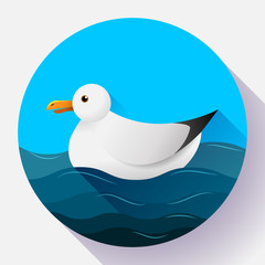 Flat seagull character icon on blue sea background