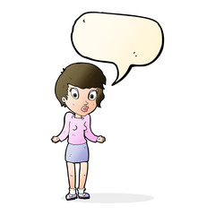 cartoon woman shrugging shoulders with speech bubble