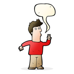 cartoon man giving peace sign with speech bubble