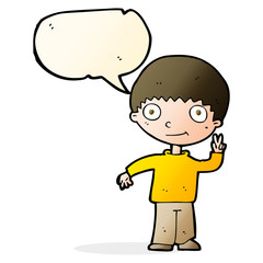cartoon boy giving peace sign with speech bubble