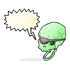 cartoon spooky skull with eye patch with speech bubble