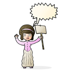 cartoon vicorian woman protesting with speech bubble