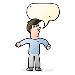 cartoon man shrugging shoulders with speech bubble