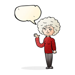 cartoon annoyed old woman waving with speech bubble