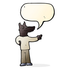 cartoon pointing wolf man with speech bubble
