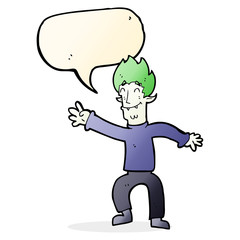 cartoon happy vampire man with speech bubble