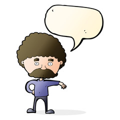 cartoon man with mustache making camp gesture with speech bubble
