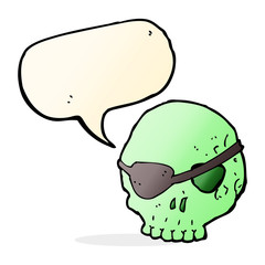 cartoon skull with eye patch with speech bubble