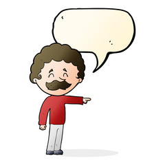 cartoon man with mustache pointing with speech bubble