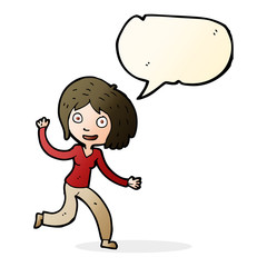 cartoon happy waving girl with speech bubble